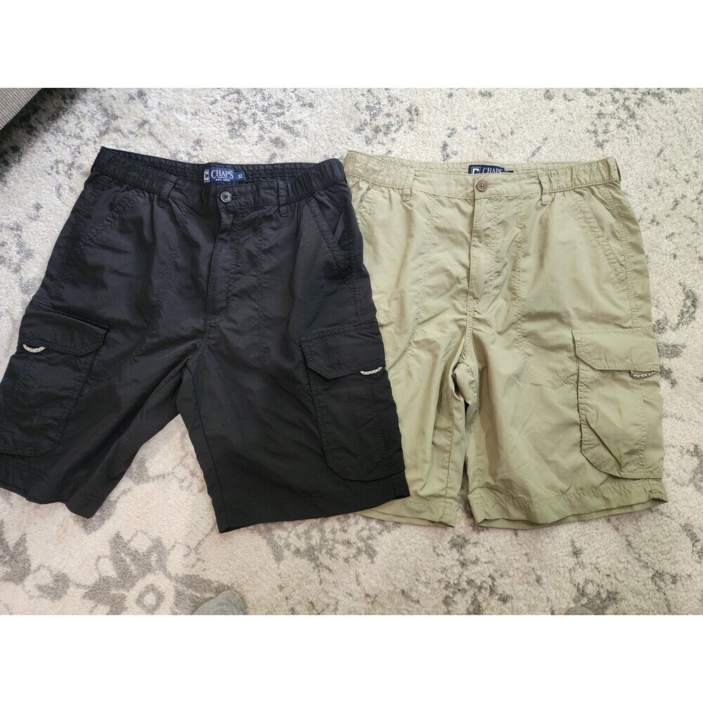2 Chaps Mens Nylon Shorts Mens Size 32 Black Khaki Cargo Pockets Lightweight